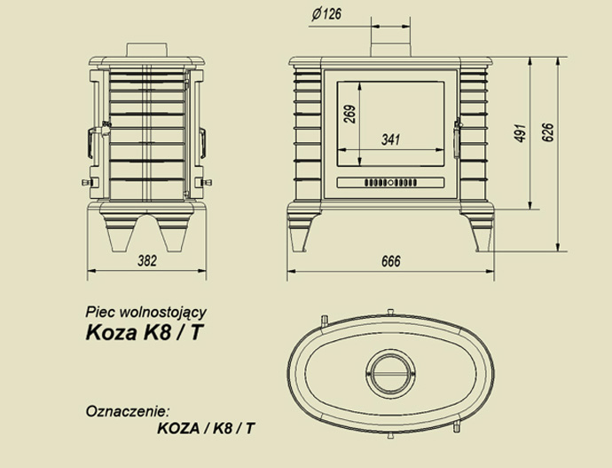 Схема и размеры печи Kratki Koza K8 T