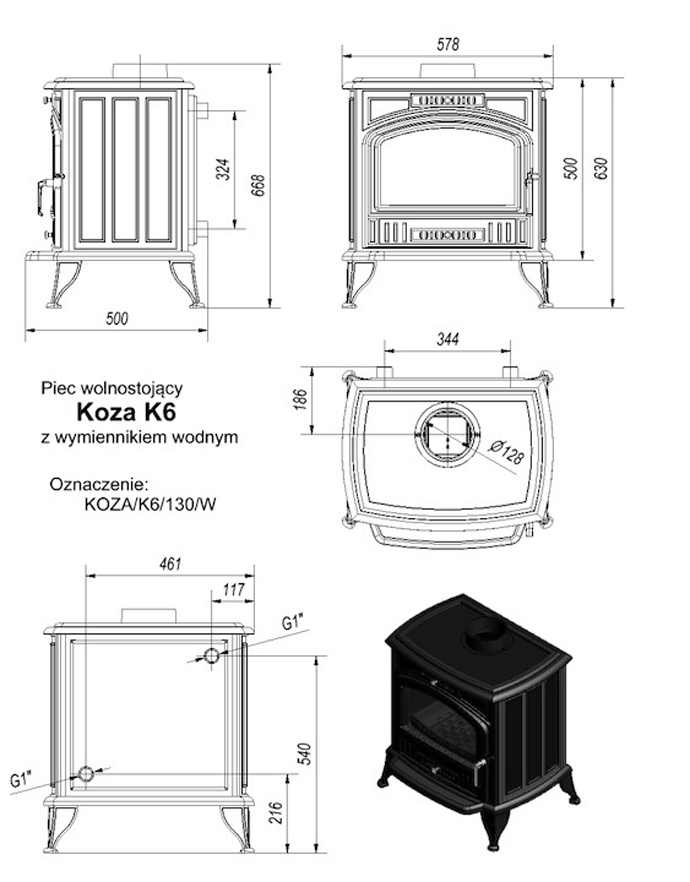 Схема и размеры печи Kratki Koza K6 W